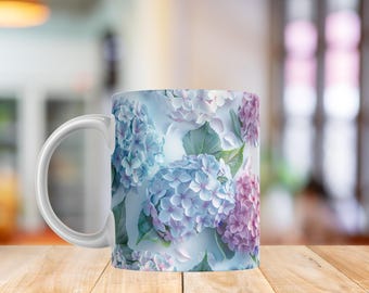 Hydrangea Mug Wrap PNG | Blue Hydrangea Floral Design | Botanical Coffee Cup Sublimation 11oz & 15oz