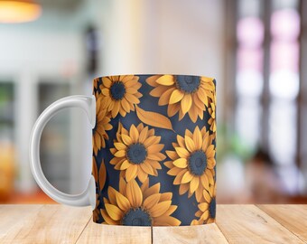 Sunflower Mug Wrap PNG | 3D Floral Sublimation Design | Bold Sunflowers & Deep Blue Coffee Cup Art 11oz 15oz