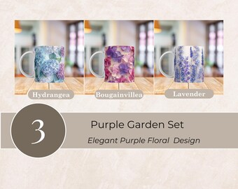 Purple Garden Mug Wrap PNG | Elegant Purple Floral Botanical Design | Cottagecore Sublimation 11oz & 15oz