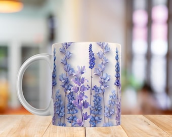 3D Floral Lavender Field Mug PNG | Purple Blooms Botanical Wrap | Summer Floral Sublimation 11oz & 15oz