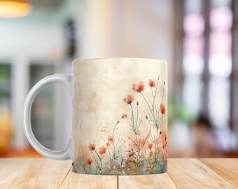 Root & Bloom Mug Wrap – Watercolor Earth Wildflower Digital Design for Sublimation – Grounding Boho Mug PNG – Nature Growth Art
