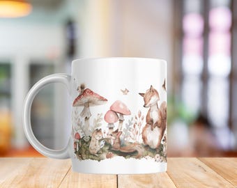 Mushroom and Friends Mug PNG | Watercolor Forest Animals & Fungi Wrap | Cozy Cottagecore Nature Sublimation 11oz 15oz