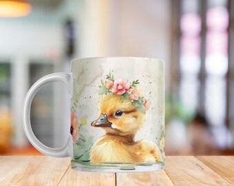 Baby Duck Mug Wrap PNG | Cute Duckling with Flower Crown | Spring Watercolor Animal Sublimation 11oz & 15oz