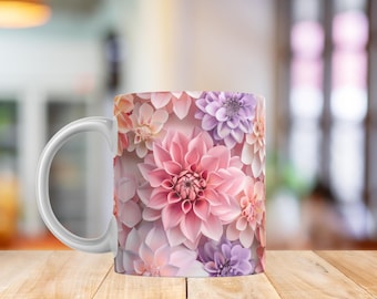 Dahlia Mug Wrap PNG | 3D Floral Sublimation Design | Bold Romantic Flowers Coffee Cup 11oz & 15oz
