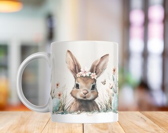 Easter Bunny Mug Wrap PNG | Cute Bunny with Eggs & Flower Crown | Spring Watercolor Sublimation 11oz 15oz