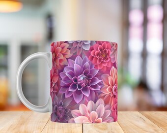 Dahlia Mug Wrap PNG | 3D Pink Dahlia Blossoms | Bold Romantic Floral Sublimation 11oz & 15oz