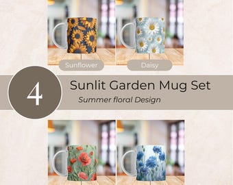 Sunlit Garden Mug Set PNG | Floral Mug Wrap Bundle | Wildflower & Garden Flowers Sublimation 11oz 15oz