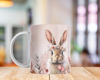 Baby Bunny Mug Wrap PNG | Cute Bunny with Flower Crown | Spring Watercolor Animal Sublimation 11oz & 15oz