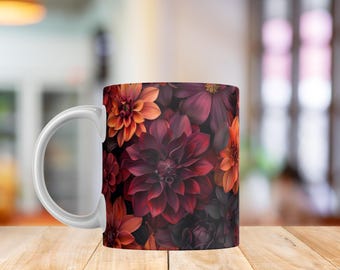Dahlia Dark Mug Wrap PNG | Dark Floral Dahlia Design | Moody Botanical Sublimation Mug 11oz & 15oz