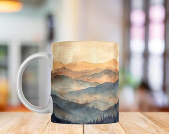 Mountain Strength Mug Wrap – Watercolor Earth Mountain Digital Design for Sublimation – Grounded Boho Mug PNG – Mindful Nature Art