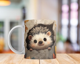 Hedgehog Mug Wrap PNG | Woodland Hedgehog Cracked Wall Design | Cozy Forest Animal Sublimation Mug 11oz & 15oz