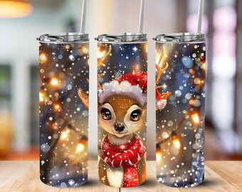 Cute Cartoon Reindeer Tumbler – Adorable Christmas Cup with Big-Eyed Reindeer, Santa Hat & Holiday Lights | Festive Cocoa Tumbler Wrap