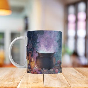 Witch’s Brew Mug – Halloween Coffee Cup with Cauldron, Spell Books & Spider Webs – Spooky Witchy Drinkware Gift for Autumn