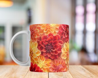 Orange Red Dahlia Mug Wrap PNG | Bold Dahlia Floral Design | Warm Summer Flower Sublimation Mug 11oz & 15oz