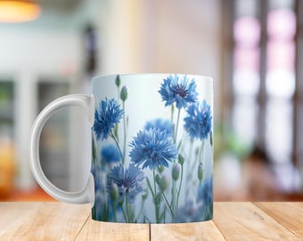 Cornflower Mug Wrap PNG | Blue Wildflower Floral Design | Botanical Drinkware Sublimation 11oz & 15oz
