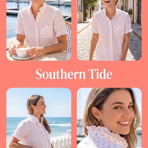 May include: A light pink button-down shirt with a small sailboat pattern. The shirt has a ruffled collar and short sleeves. The text "Southern Tide" is displayed in the center of the image.