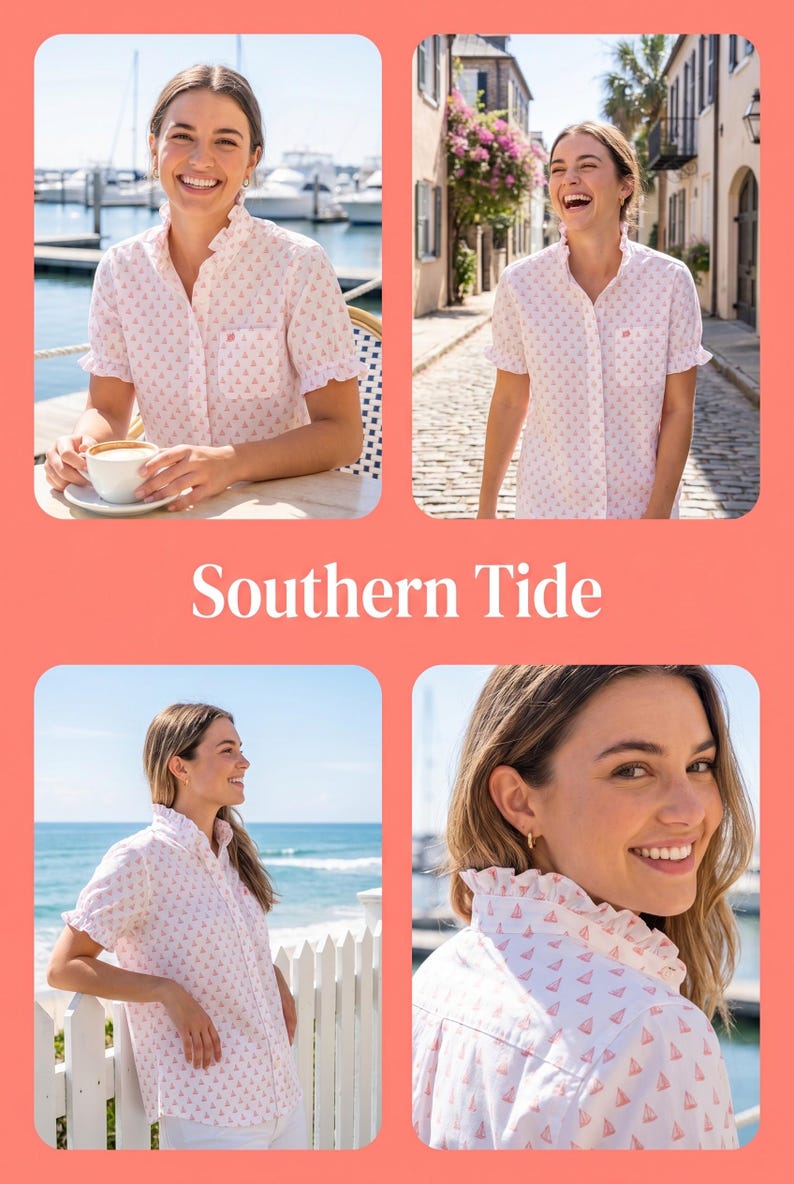 May include: A light pink button-down shirt with a small sailboat pattern. The shirt has a ruffled collar and short sleeves. The text "Southern Tide" is displayed in the center of the image.