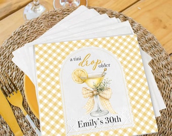 Custom Lemon Drop Martini Napkins, A Tini Drop Older Birthday Decor, Yellow Gingham Coquette Bow Cocktail Napkin Favors