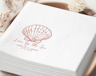 Custom Beach Wedding Napkins, Seashell Cocktail Napkin, Coastal Bridal Shower Decor, Personalized Rehearsal Dinner Favors