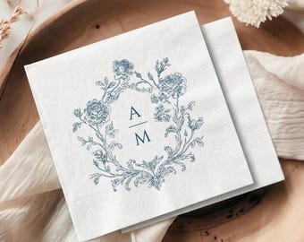 Custom Monogram Wedding Napkins, Navy Blue Floral Crest Cocktail Napkins, Elegant Bridal Shower Decor, Rehearsal Dinner