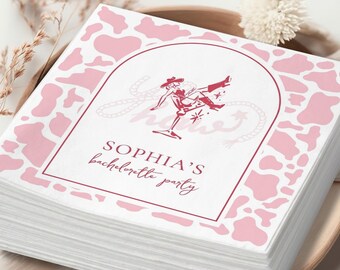 Pink Cow Print Bachelorette Napkins, Martini Cowgirl Cocktail Napkin, Yeehaw Western Girls Trip, Disco Bridal Decor
