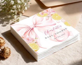 Custom Pink Bow Lemon Baby Shower Napkins, Coquette Pink Lemonade Party Decor, Personalized Girl Baby Shower Favors