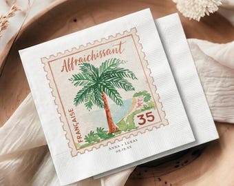 Vintage Stamp Wedding Napkins, Custom Palm Tree Cocktail Napkin, Destination Travel Beach Decor, French Tropical Personalized Favors