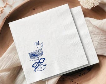 Custom Bow Cocktail Napkins, Martini Glass Wedding Favors, Personalized Bridal Shower Decor, Rehearsal Dinner Napkin