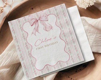 Coquette Pink Bow Birthday Napkins, Vintage Floral Ribbon Baby Shower Decor, Personalized Girls Tea Party Cocktail Drink Favors