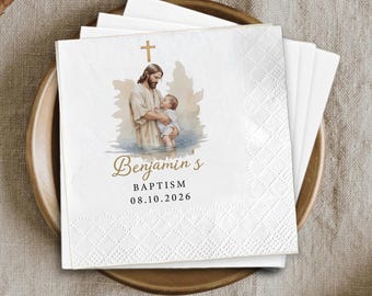 Custom Baptism Napkins, Watercolor Jesus Christening Cocktail Napkin, First Communion Decor, Religious Party Favors