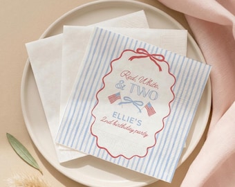 Custom Birthday Napkins Patriotic Bow Party Decorations 4th of July Striped Theme Cocktail Napkins Personalized Summer Birthday Decor