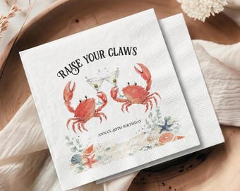 Raise Your Claws Crab Napkins, Custom Beach Cocktail Napkin, Seafood Boil Party Decor, Coastal Birthday, Personalized Summer Favors