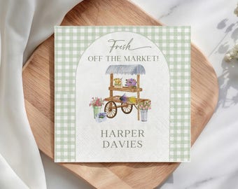 Custom Fresh Off The Market Napkins, Flower Cart Bridal Shower, Sage Green Gingham Farmers Market Party Cocktail Napkin