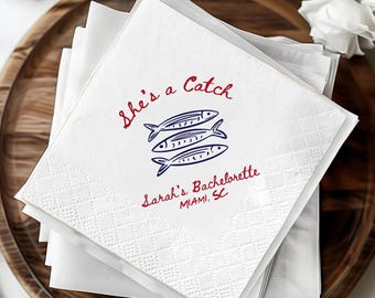 She's a Catch Bachelorette Napkins, Custom Coastal Bridal Shower Decor, Sardine Cocktail Napkin, Tinned Fish Theme