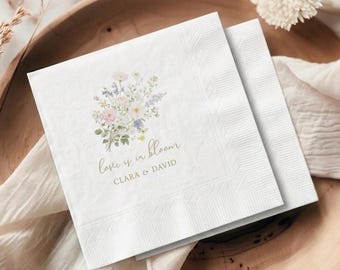 Love in Bloom Custom Wedding Napkins, Wildflower Cocktail Napkin, Watercolor Floral Bridal Shower, Garden Engagement Decor