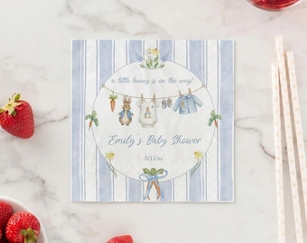 Little Bunny Is On The Way Napkins, Custom Storybook Bunny Clothesline Cocktail Napkin, Blue Striped Spring Boy Baby Shower Decor