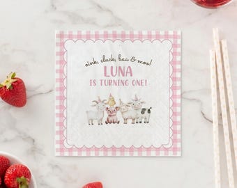 Oink Cluck Baa Moo Farm Birthday Napkins, Custom Pink Gingham Barnyard Party Decor, Personalized Girls Watercolor Animal Drink Favors