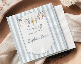 Custom Fresh Off The Market Napkins, Blue Striped Wildflower Shower Decor, Farmers Market Bridal Party, Floral Cocktail Napkin
