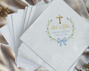 Personalized Baptism Napkins, Custom Christening or First Communion Paper Napkins, God Bless Napkins for Religious Celebrations