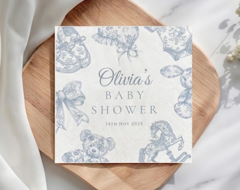 Custom Baby Shower Napkins, Blue Toile de Jouy Vintage Baby Decor, Rocking Horse Teddy Bear, Grandmillennial Paper Napkin