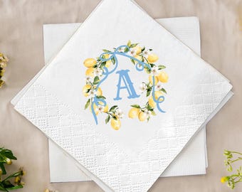 Main Squeeze Citrus Lemon Monogram Bridal Shower Classic Round Napkins, Personalized Party Decor