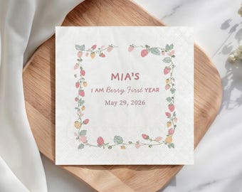 Custom Strawberry Birthday Napkins, Berry Sweet Party Decor, Personalized Fruit Cocktail Napkin, Cottagecore Summer Baby Shower