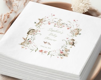 Enchanted Forest Baby Shower Napkins, Custom Woodland Animal Cocktail Napkin, Watercolor Floral Wreath, Spring Baby Decor