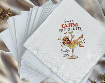 Custom Tajini Bit Older Napkins, Spicy Margarita Birthday Decor, Fiesta Cocktail Napkin, Funny Girl Party Personalized Favor