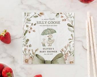 Custom Silly Goose Baby Shower Napkins, Watercolor Duck Cocktail Napkins, Cottagecore Boho Neutral Party Favors