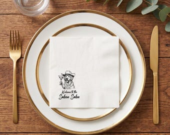 Custom Dog Cocktail Napkins, Cowboy Golden Retriever Saloon Napkin, Western Bachelorette Decor, Funny Pet Wedding Favors