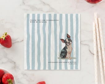 Celebrating With My Humans Dog Wedding Napkins, Custom Pet Cocktail Napkin, Boston Terrier Party Decor, Personalized Blue Stripe