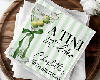 Custom A Tini Bit Older Napkins, Dirty Martini Birthday Decor, Green Bow Coquette Cocktail Napkin, Preppy Party Favors