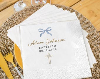 Custom Baptism Napkins, Blue Bow Christening Cocktail Napkin, First Communion Decor, Gold Cross Religious Party Favors
