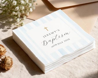 Personalized Baptism Napkins Blue Stripe Cross, Custom Name Christening Napkin, Communion Party Decor, Baby Boy Baptism Party Supplies